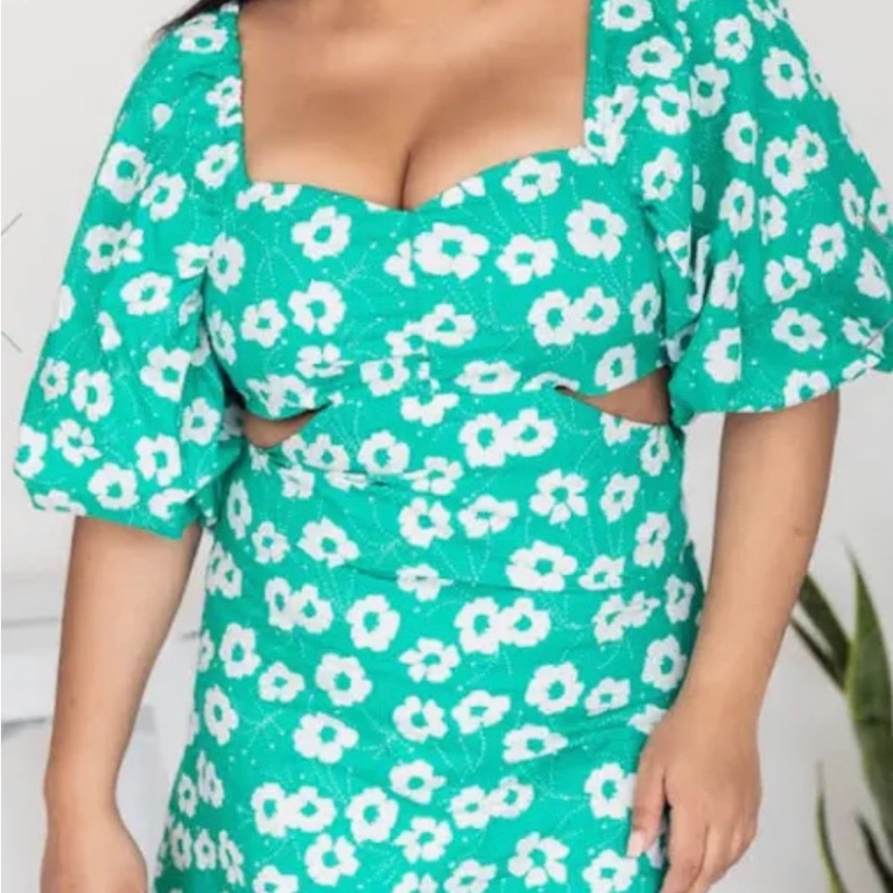 PinkLily, size medium, green and white flower dress with cutouts.
